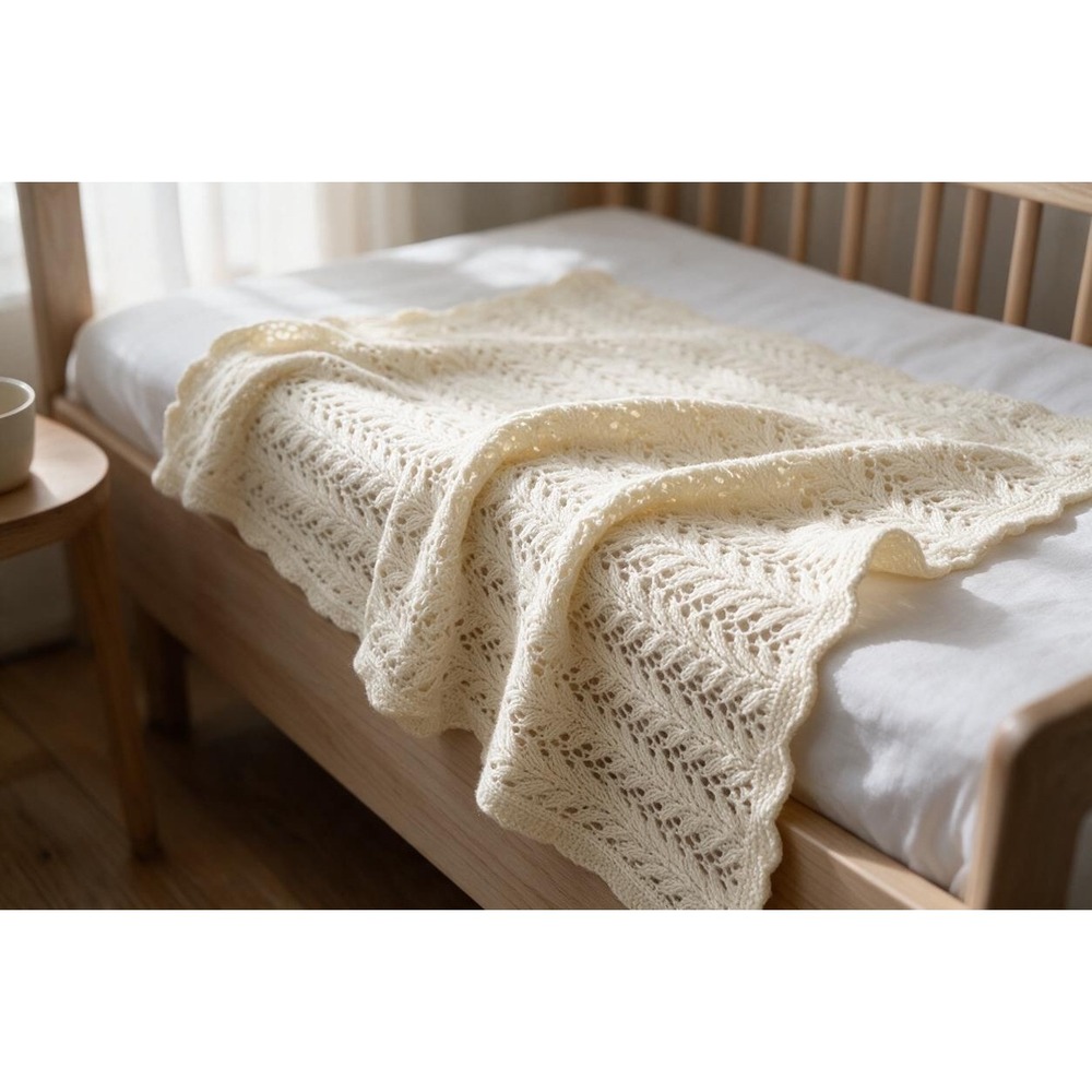 Handmade Pointelle Knit Baby Blanket Cream Off-White 39x36 Scalloped Edge